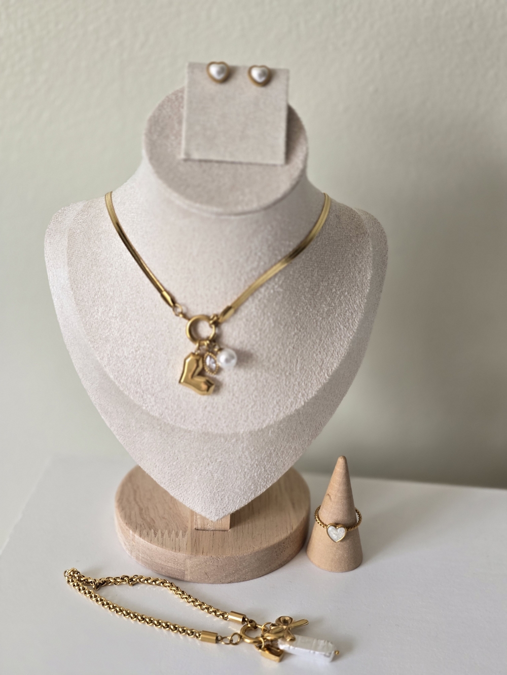 Gold Heart Charm Necklace with Pearl Accent - Women Jewelry